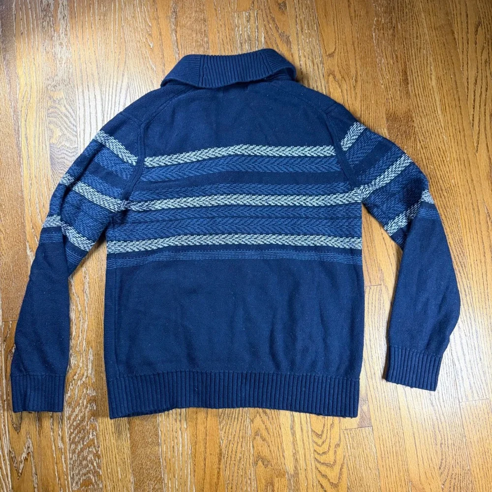 Banana Republic Mens Navy Blue Striped Shawl Collar Cardigan Sweater Large Wool